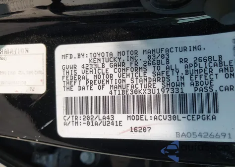 2003 Toyota Camry Xle z USA, uszkodzony, nr VIN 4T1BE30KX3U197331